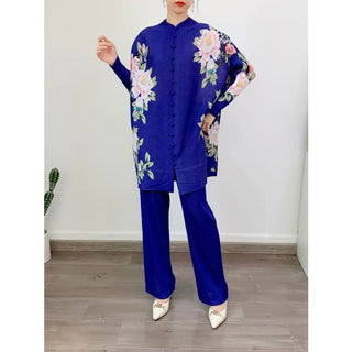 Miyake Pleated Floral Print Women Set - One Size / Royal