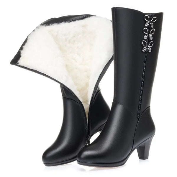 Women High Boots Shiny Genuine Leather Wool Plush