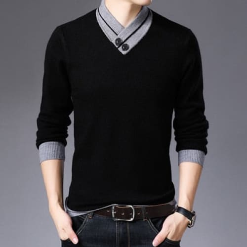 Casual Turtleneck Double Collar Slim Fit Men Sweater - Black