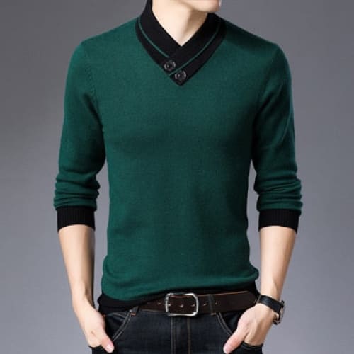 Casual Turtleneck Double Collar Slim Fit Men Sweater - Green