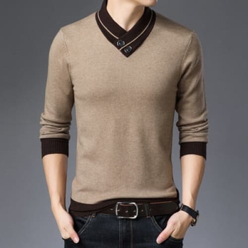 Casual Turtleneck Double Collar Slim Fit Men Sweater - Khaki