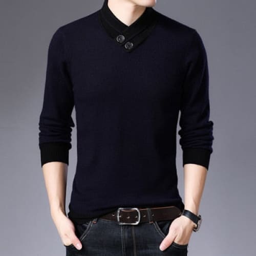 Casual Turtleneck Double Collar Slim Fit Men Sweater - Navy