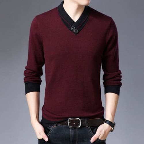 Casual Turtleneck Double Collar Slim Fit Men Sweater - Red /