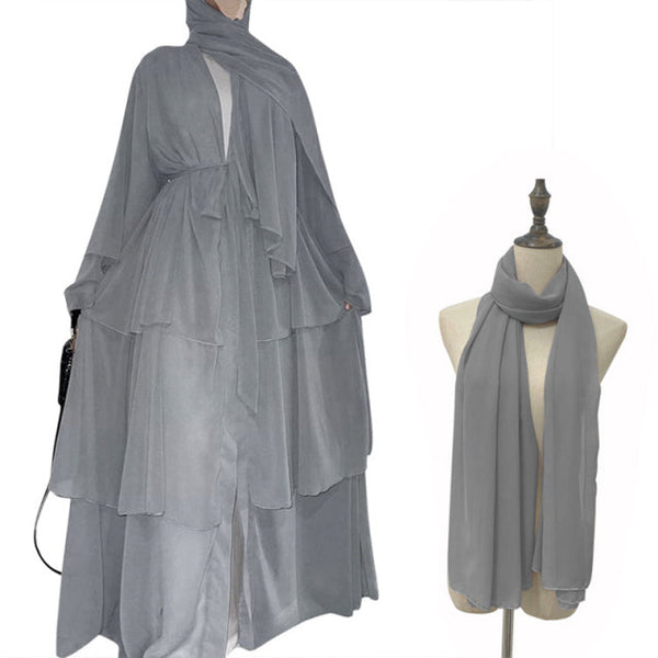 Chiffon Open Abaya Dubai Kaftan Women Dresses - Gray With 