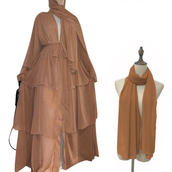 Chiffon Open Abaya Dubai Kaftan Women Dresses - Khaki With 