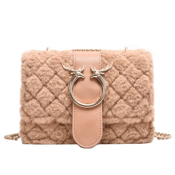 Deer Lock Chain Winter Soft Plush Fur Designer Handbag - 