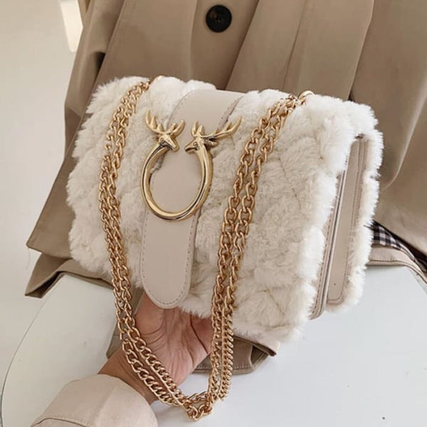 Deer Lock Chain Winter Soft Plush Fur Designer Handbag - 