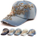 Denim Diamond Embroidery Flower Cowboy Women Baseball Cap - 