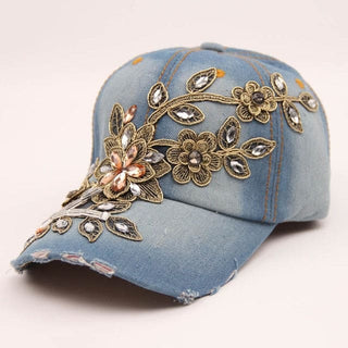 Denim Diamond Embroidery Flower Cowboy Women Baseball Cap - 