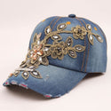 Denim Diamond Embroidery Flower Cowboy Women Baseball Cap - 