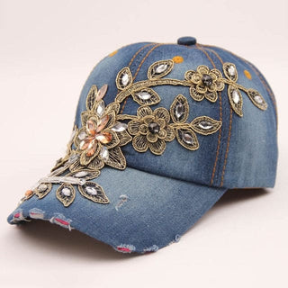 Denim Diamond Embroidery Flower Cowboy Women Baseball Cap - 