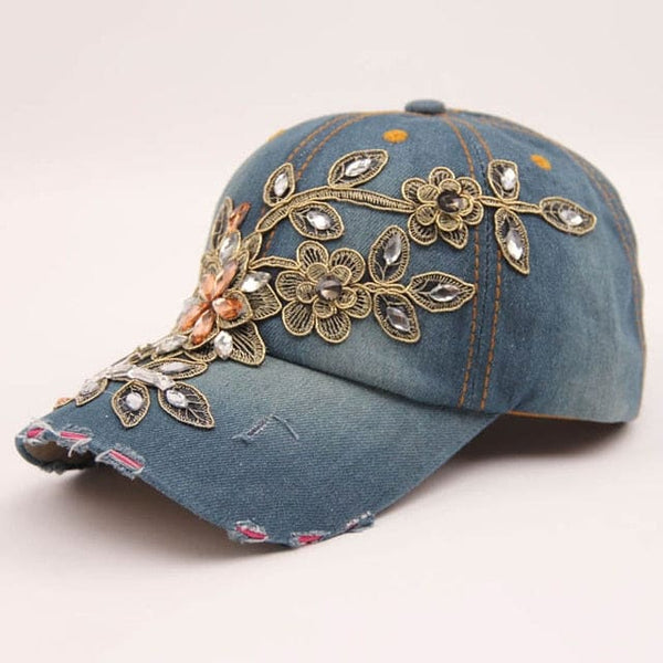 Denim Diamond Embroidery Flower Cowboy Women Baseball Cap - 