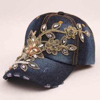 Denim Diamond Embroidery Flower Cowboy Women Baseball Cap - 