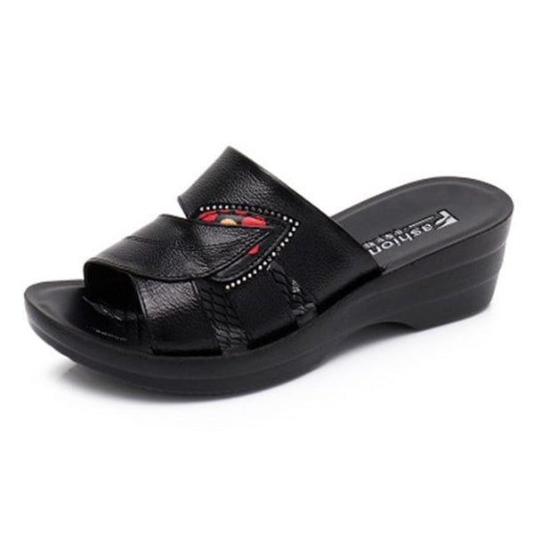 Genuine Leather Casual Slides Women Summer Shoes - Black / 