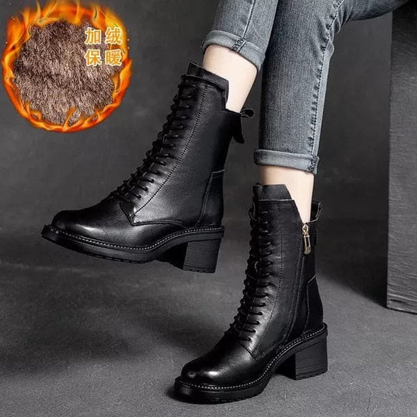 Genuine Leather High Quality Women Ankle Boots - Black with 