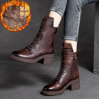 Genuine Leather High Quality Women Ankle Boots - Brown with 