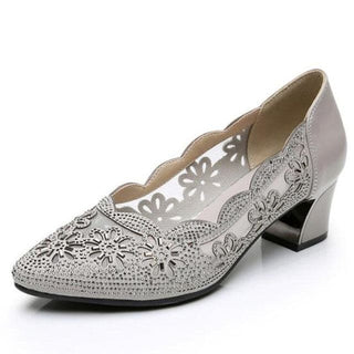 Genuine Leather Hollow Out Crystal Women Office Shoes - Gray