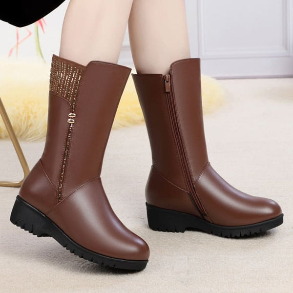 Genuine Leather Inside Plush Wool Women Winter Boots - On 