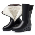 Genuine Leather Inside Plush Wool Women Winter Boots - Black