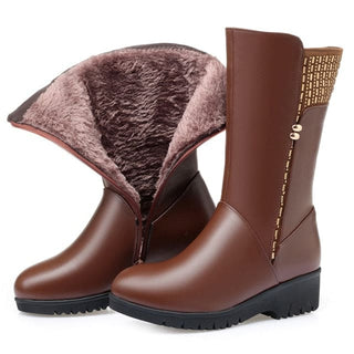 Genuine Leather Inside Plush Wool Women Winter Boots - Brown