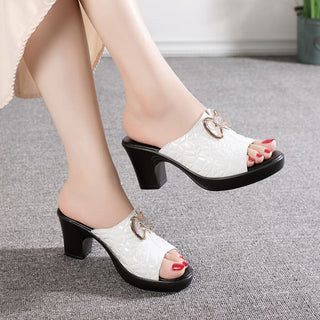 Genuine Leather Non-Slip Thick Heels Women Shoes - White / 