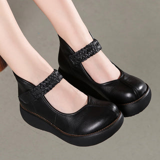 Genuine Leather Round Toes Ankle Strap Women Pumps - Women 