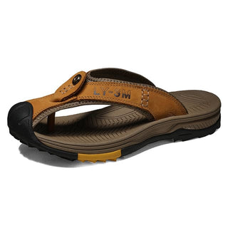 Genuine Leather Slippers Men Casual Flip Flop - Golden / 40 