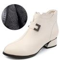 Genuine Leather Thick Heels Women Ankle Boots - Beige Winter