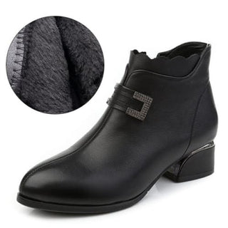 Genuine Leather Thick Heels Women Ankle Boots - Black Winter