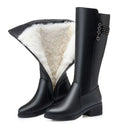 Genuine Leather Thick Wool Female Long Boots - Black with / 