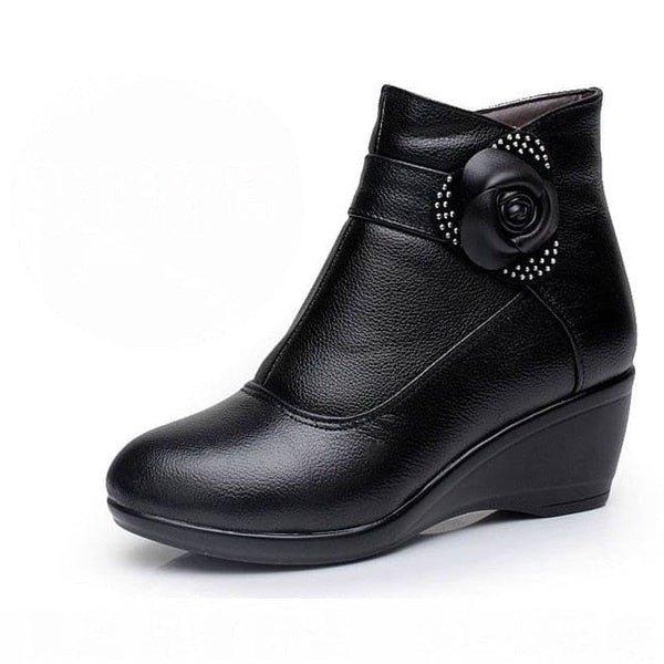 Genuine Leather Warm Plush Winter Boots For Women - Black /