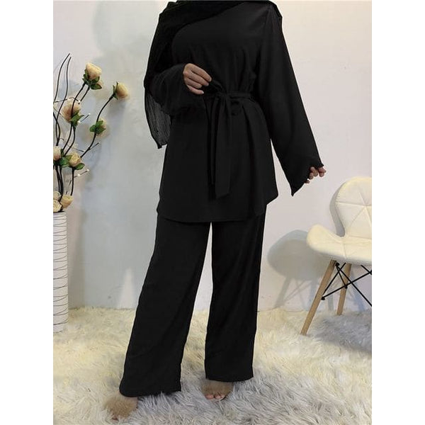 Kaftan Dubai Abaya Muslim Women Top & Pant Set - Black / L -