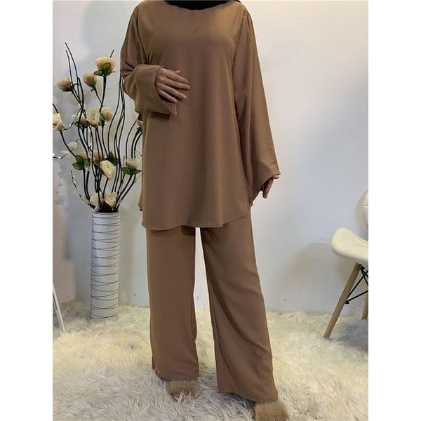 Kaftan Dubai Abaya Muslim Women Top & Pant Set - Brown / S -