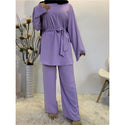 Kaftan Dubai Abaya Muslim Women Top & Pant Set - Purple / S 