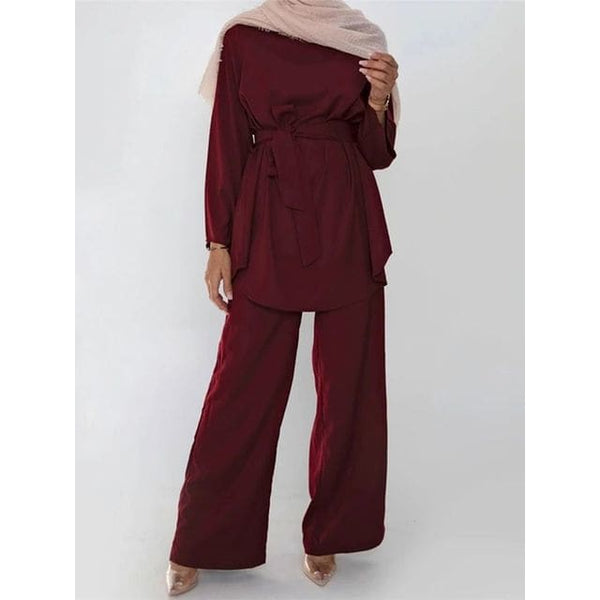 Kaftan Dubai Abaya Muslim Women Top & Pant Set - Wine Red / 