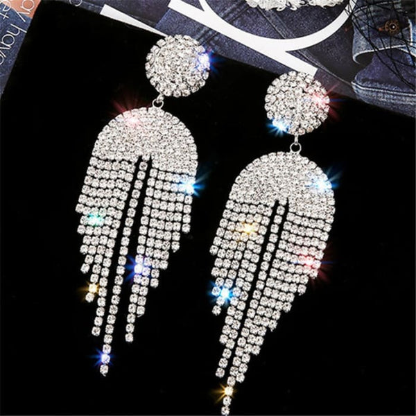 Long Tassel Crystal Rhinestone Drop Earrings - Silver - On 