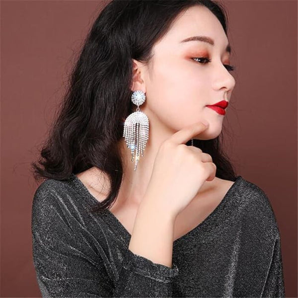 Long Tassel Crystal Rhinestone Drop Earrings - Silver - On 