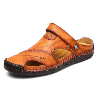 Luxury Designer Genuine Leather Men Slippers - Yellow Brown 