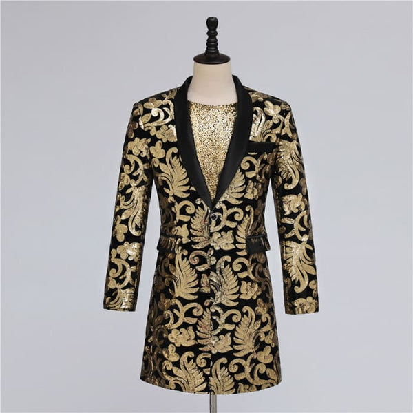 Luxury Golden Floral Embroidery Men Long Blazer - On sale 