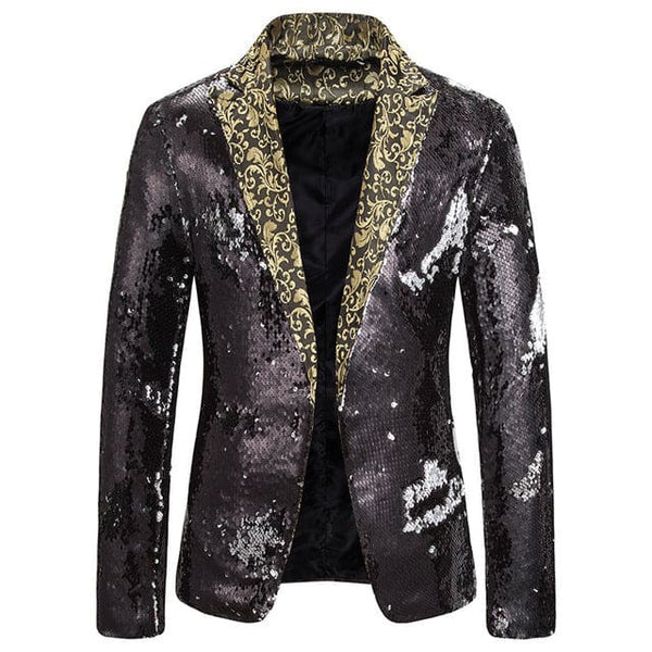 Luxury Sequin Glitter Flower Lapel Men Blazer - Black / S - 