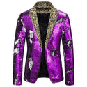 Luxury Sequin Glitter Flower Lapel Men Blazer - Purple / S -