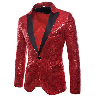 Luxury Sequin Glitter Flower Lapel Men Blazer - Red / XL - 