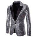 Luxury Sequin Glitter Flower Lapel Men Blazer - Silver / XL 