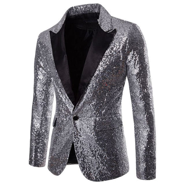 Luxury Sequin Glitter Flower Lapel Men Blazer - Silver / XL 