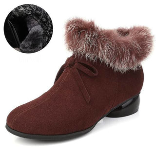 Natural Fur Genuine Leather Women Ankle Boots - Wine Winter 