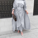 Satin Dubai Kaftan Abaya Arabic Muslim Women Dress - Gray 