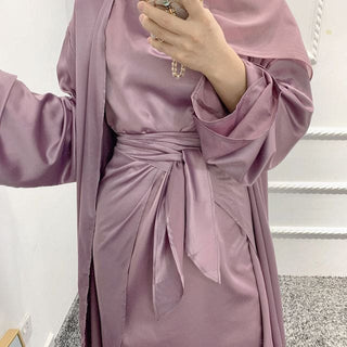 Satin Dubai Kaftan Abaya Arabic Muslim Women Dress - Purple 