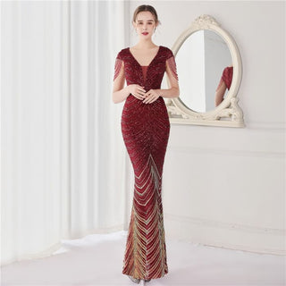 Sequin Beading V Neck Women Evening Dress - Dark Red / EU 38