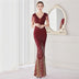 Sequin Beading V Neck Women Evening Dress - Dark Red / EU 38