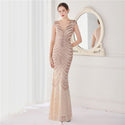 Sequin Beading V Neck Women Evening Dress - Gold / EU 46 /